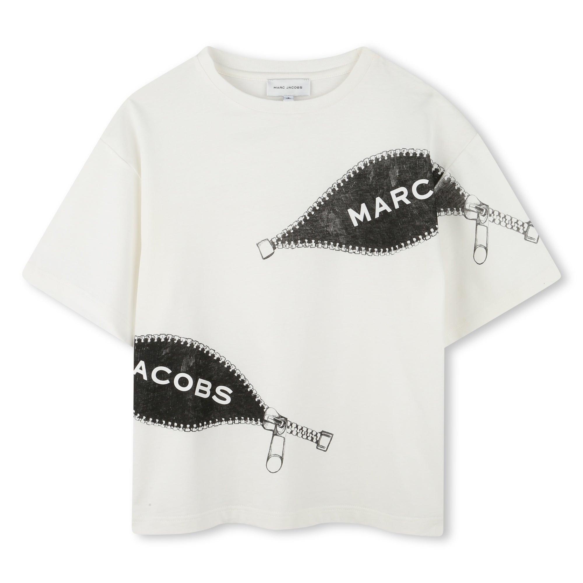 Organic Cotton Ivory T-Shirt with Trompe L’Oeil Zip Print