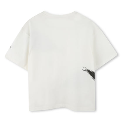 Organic Cotton Ivory T-Shirt with Trompe L’Oeil Zip Print