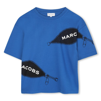 Short Sleeve T-Shirt with Zip Graphic Print, Blue