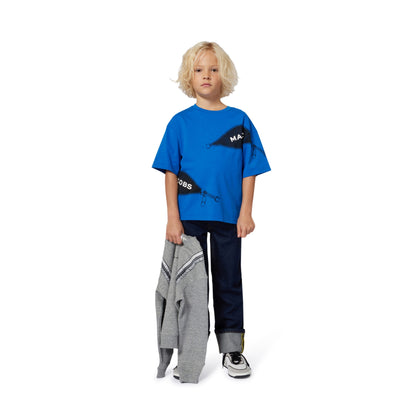 Short Sleeve T-Shirt with Zip Graphic Print, Blue