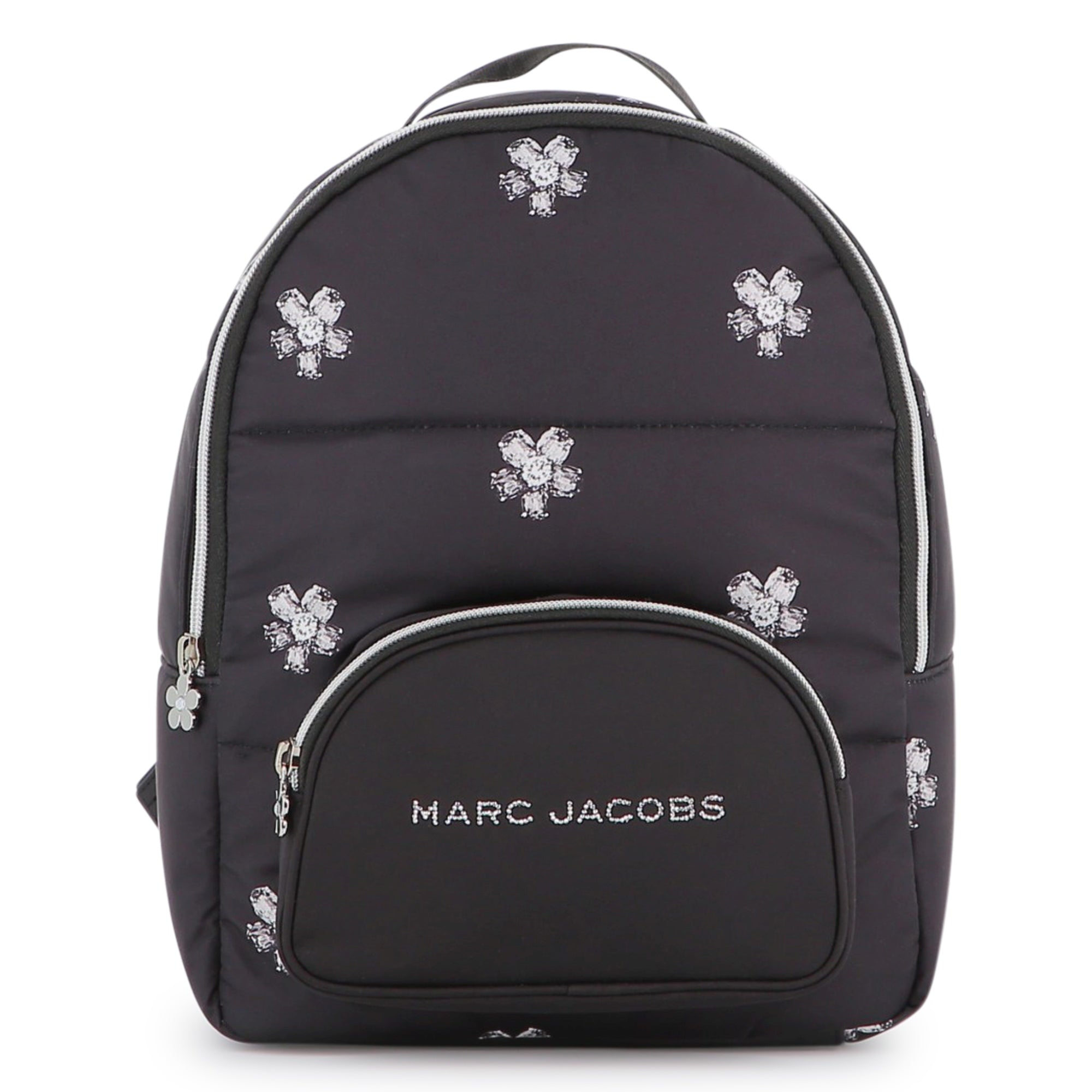 Black Twill Backpack with Daisy Print and Rhinestone Details