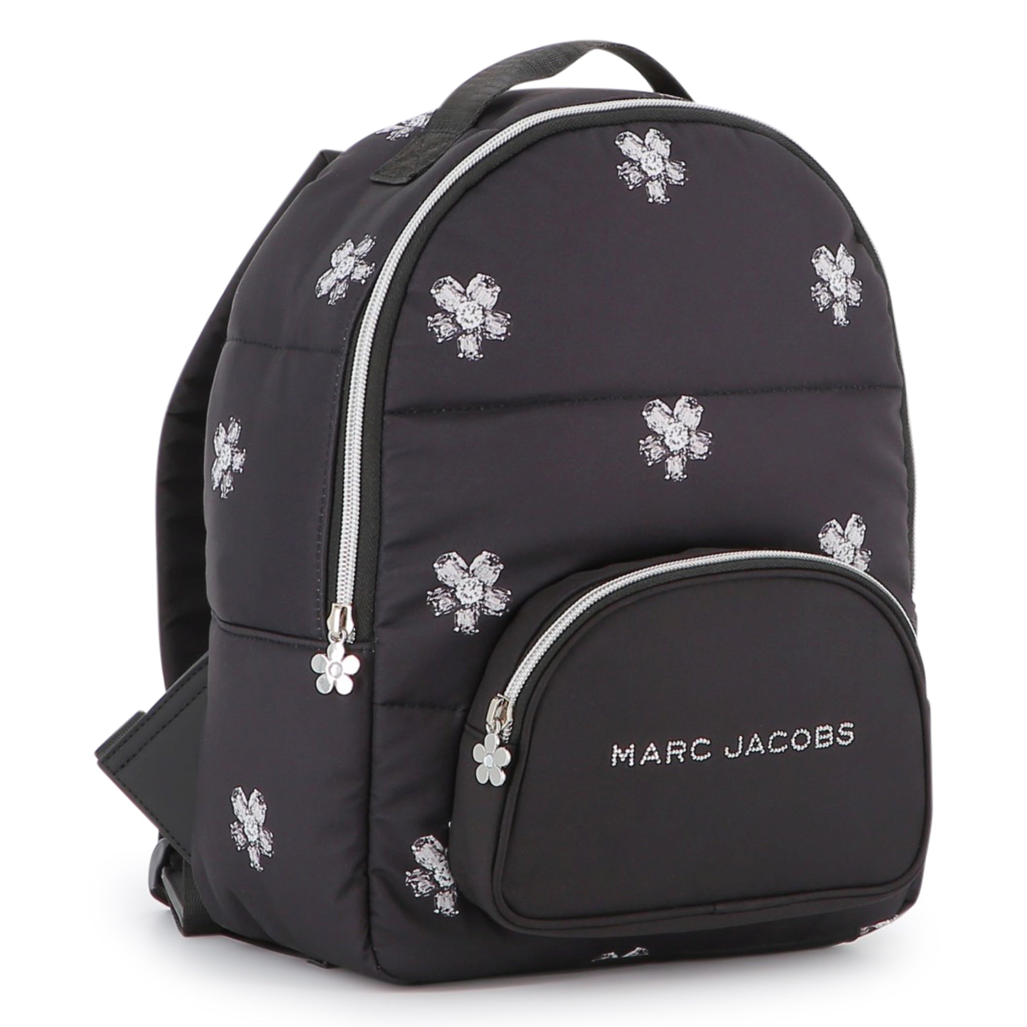 Black Twill Backpack with Daisy Print and Rhinestone Details