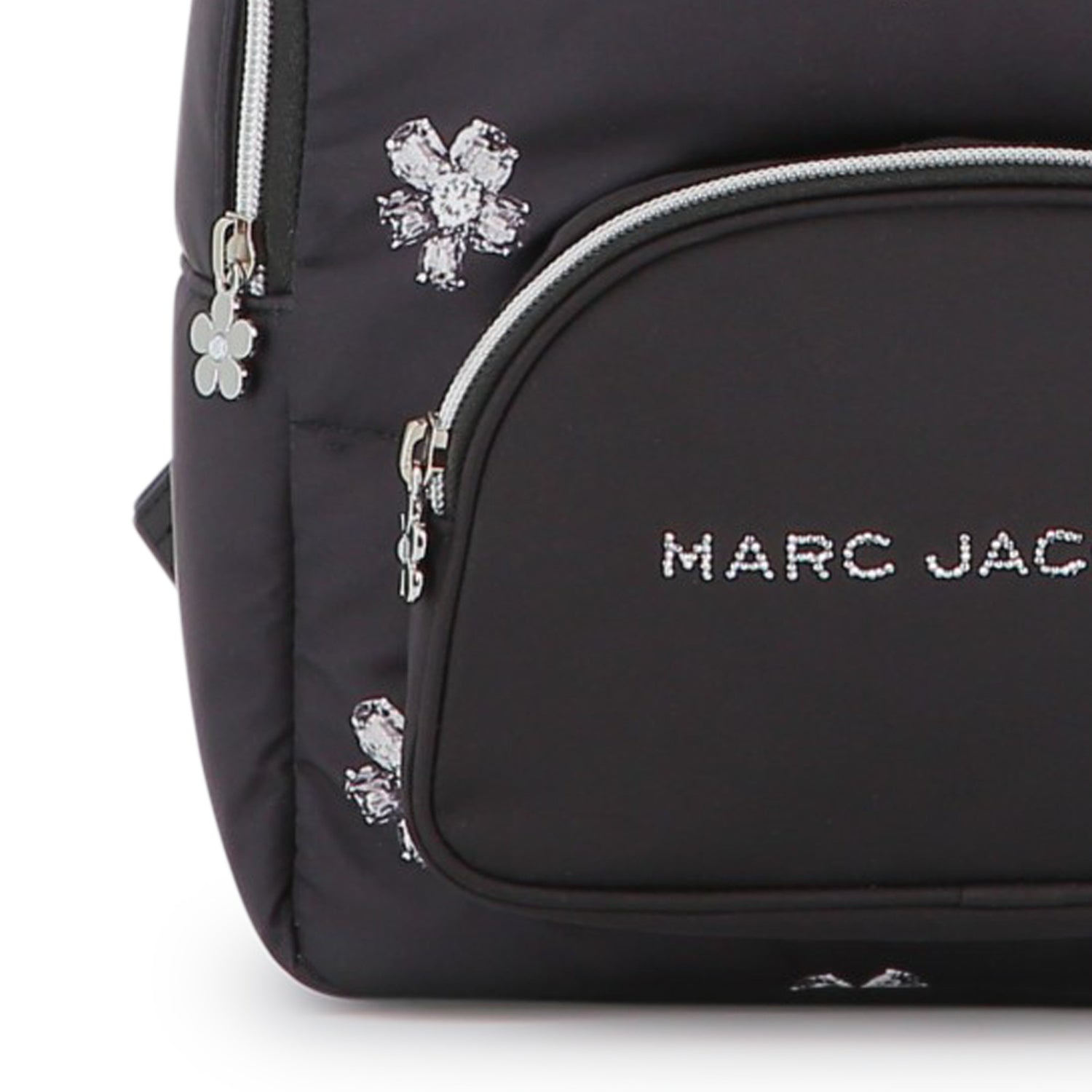 Black Twill Backpack with Daisy Print and Rhinestone Details