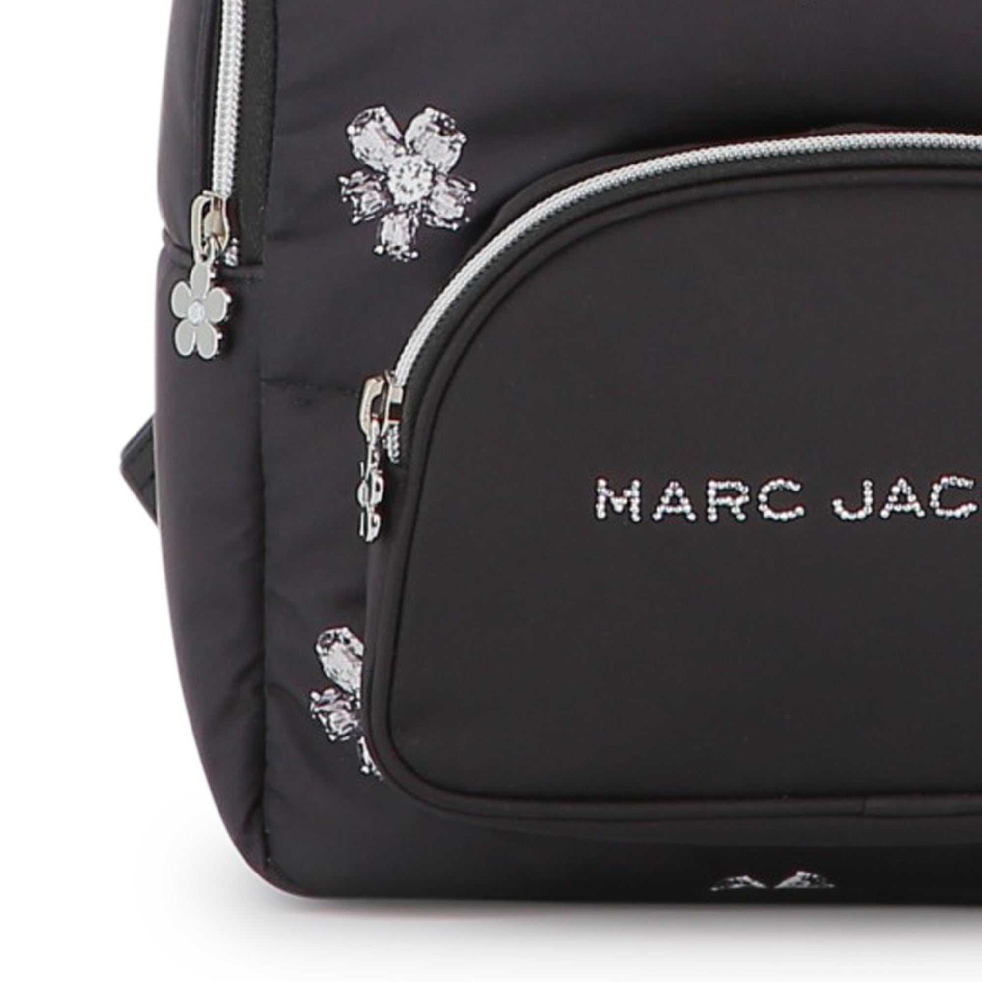 Black Twill Backpack with Daisy Print and Rhinestone Details