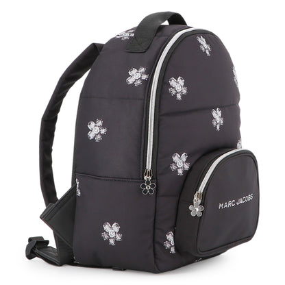 Black Twill Backpack with Daisy Print and Rhinestone Details