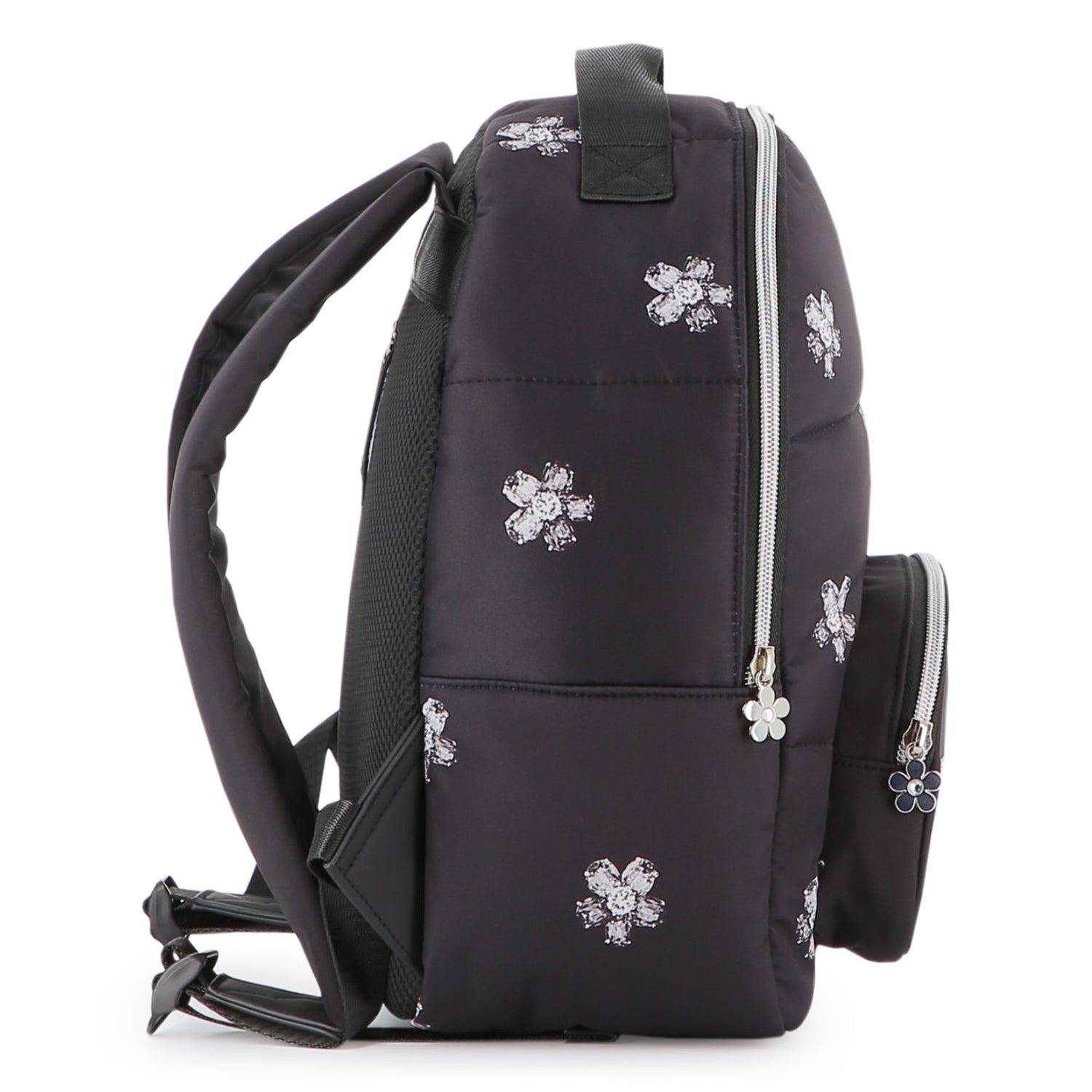 Black Twill Backpack with Daisy Print and Rhinestone Details