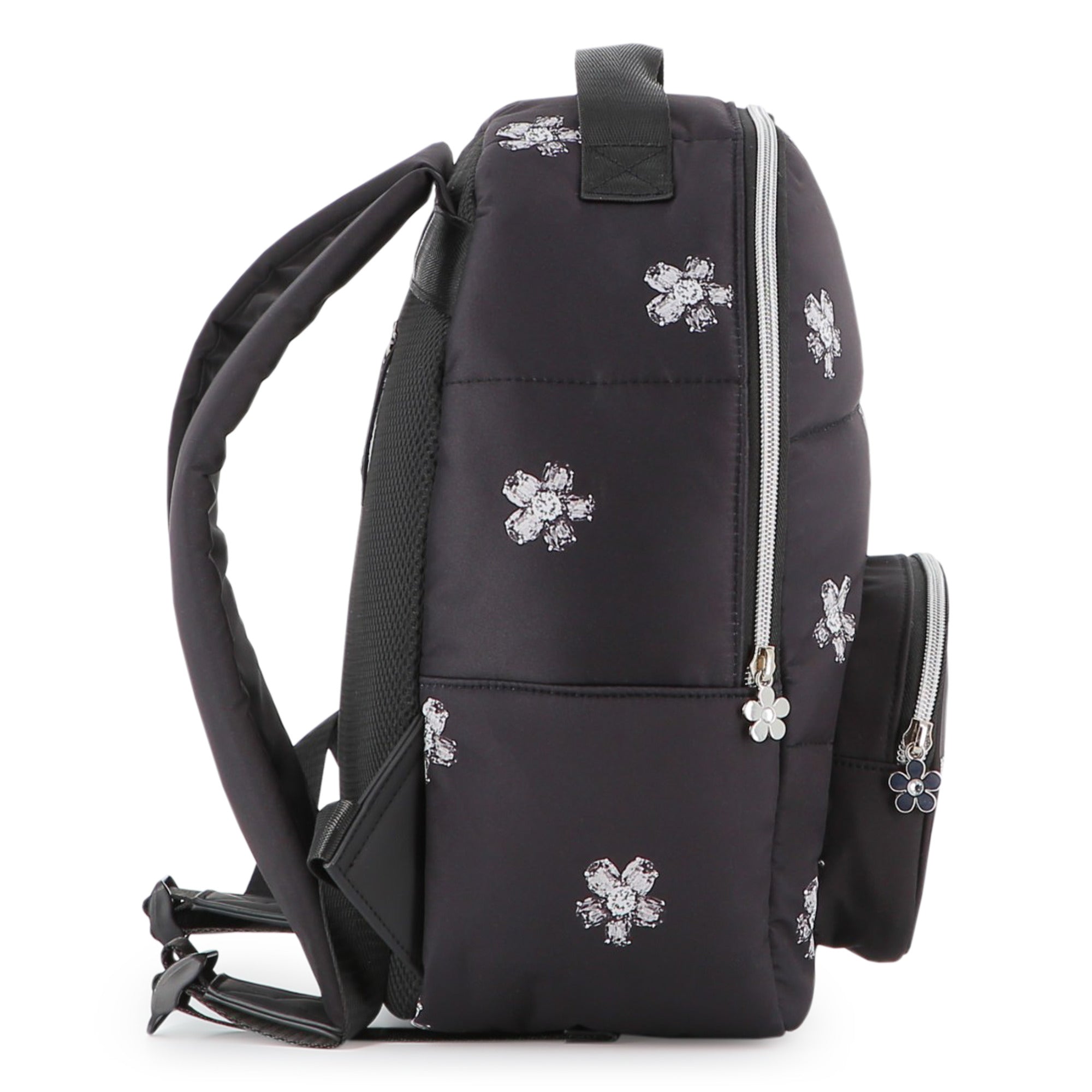 Black Twill Backpack with Daisy Print and Rhinestone Details