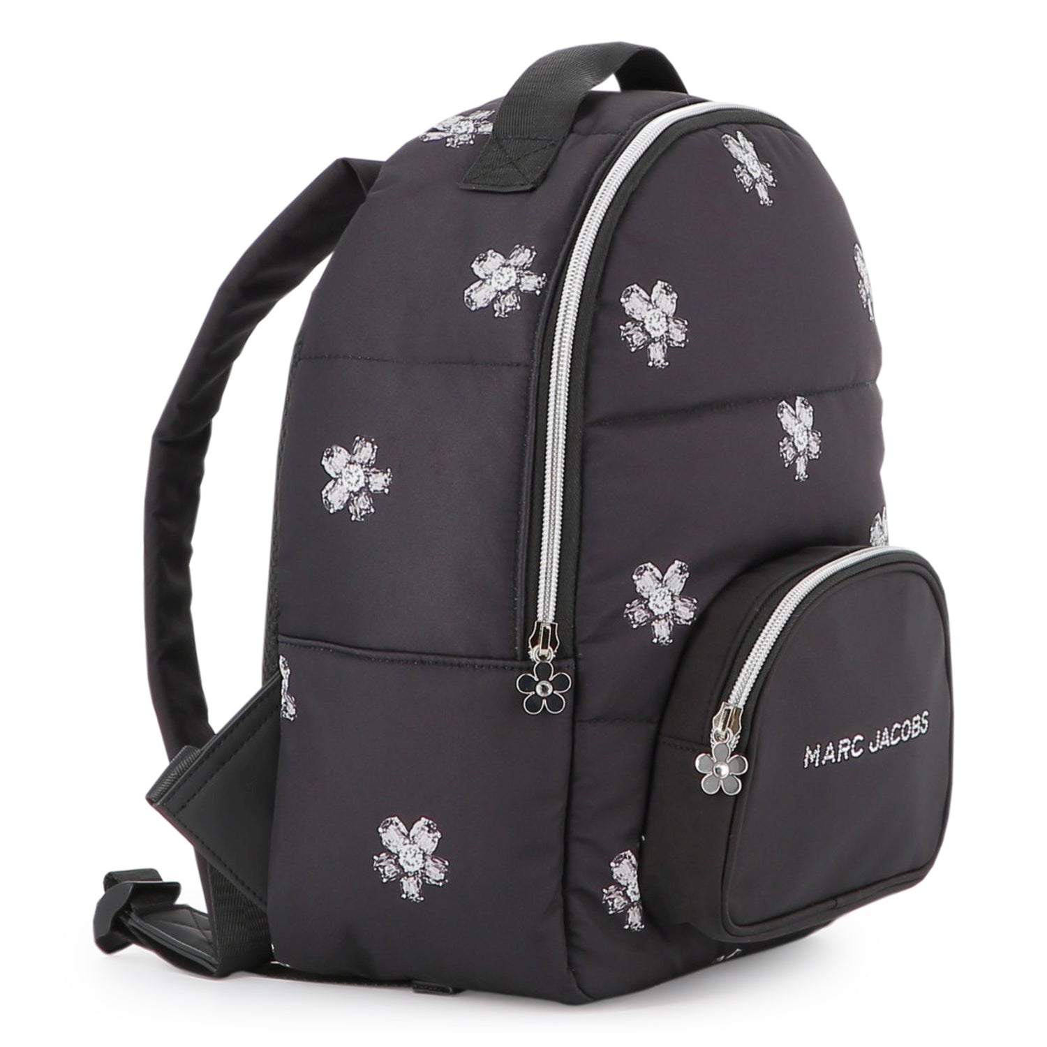 Black Twill Backpack with Daisy Print and Rhinestone Details