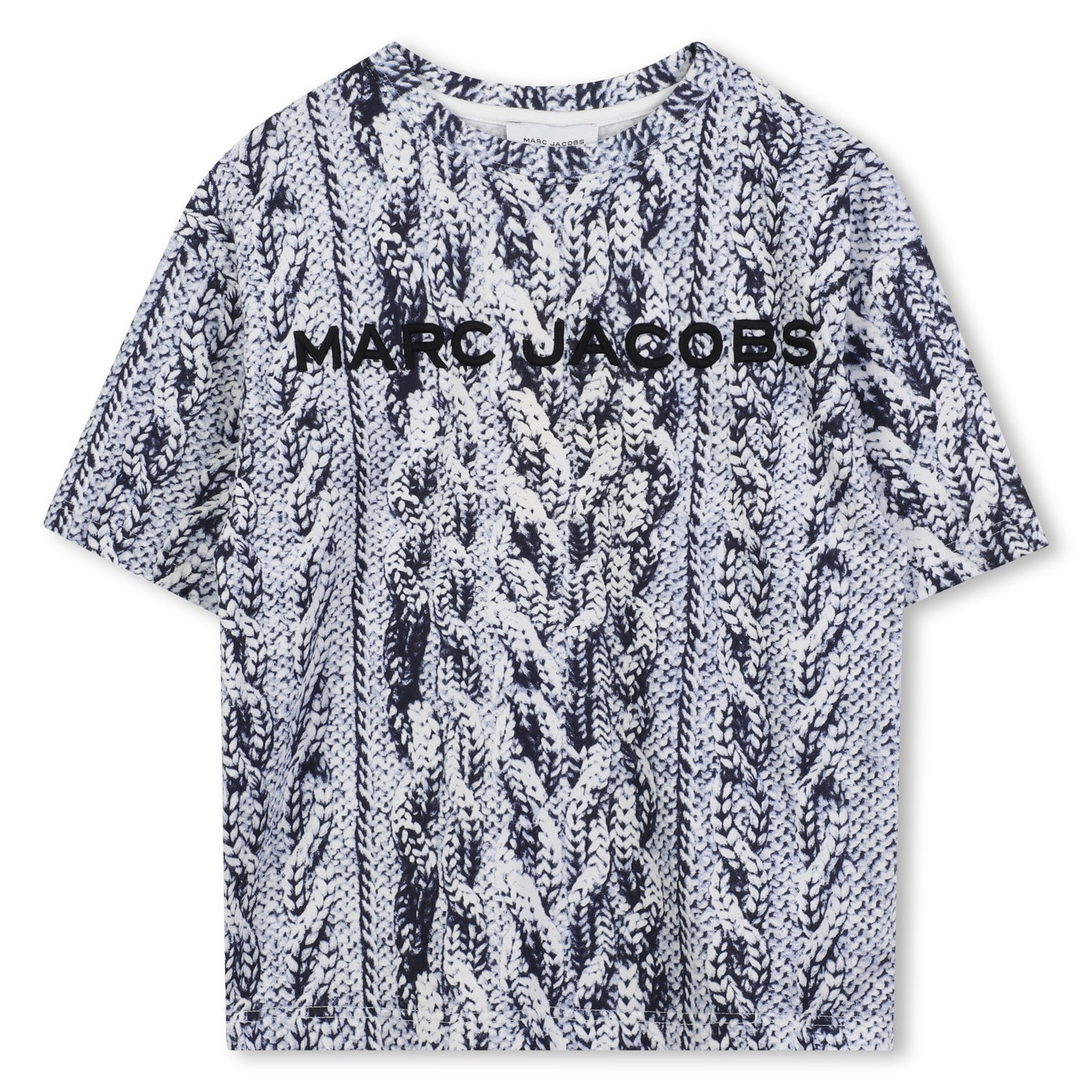 Short Sleeve T-Shirt with Knit Print, Blue and White