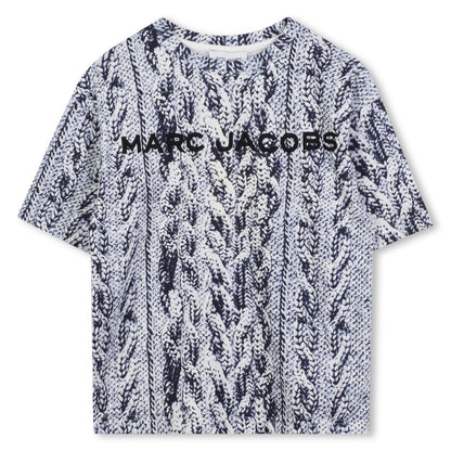 Short Sleeve T-Shirt with Knit Print, Blue and White