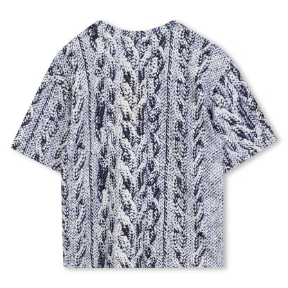 Short Sleeve T-Shirt with Knit Print, Blue and White