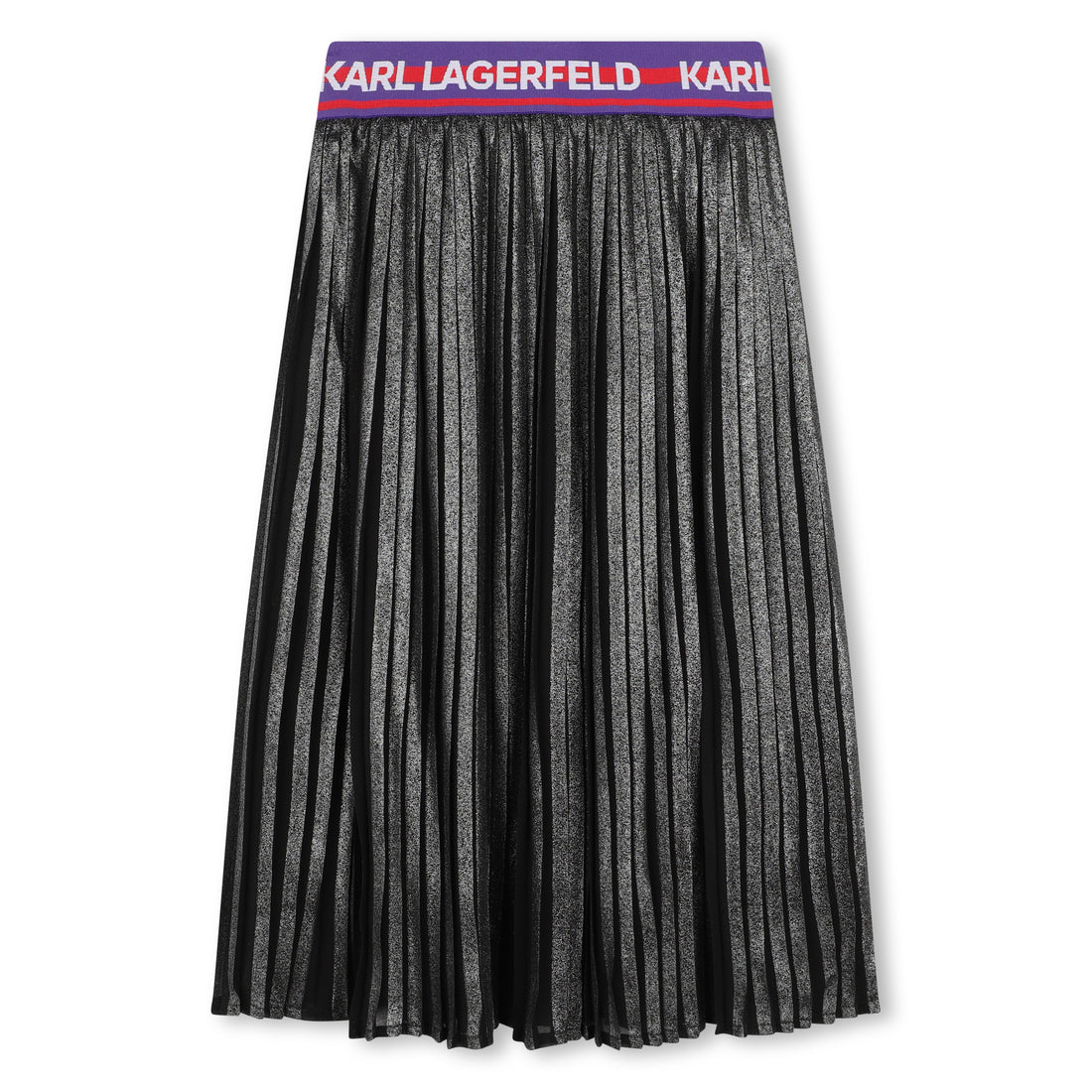 Pleated Silver Midi Skirt with Logo Jacquard Waist