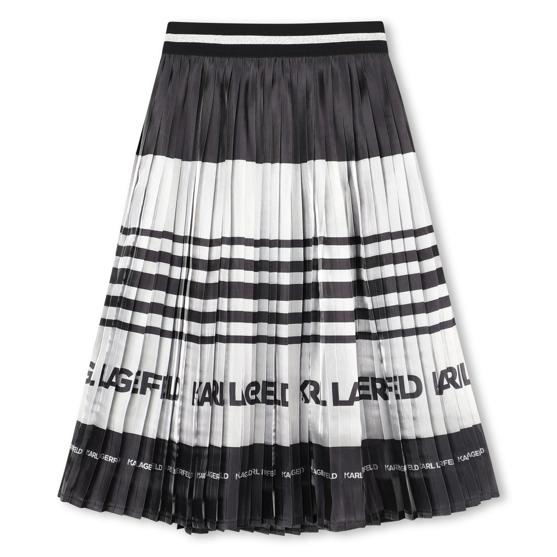 Pleated Midi Skirt with Logo Stripe, Black and White