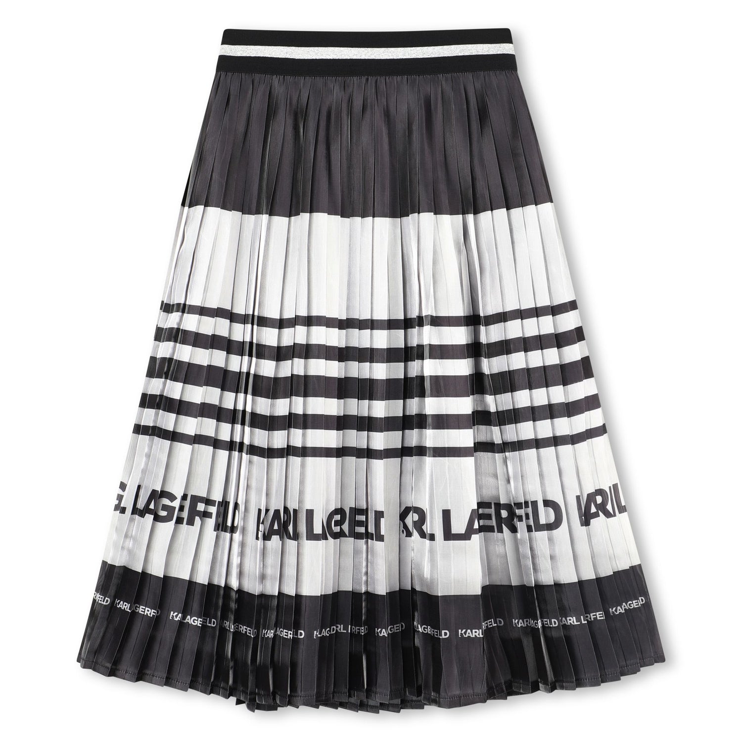 Pleated Midi Skirt with Logo Stripe, Black and White