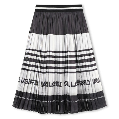 Pleated Midi Skirt with Logo Stripe, Black and White