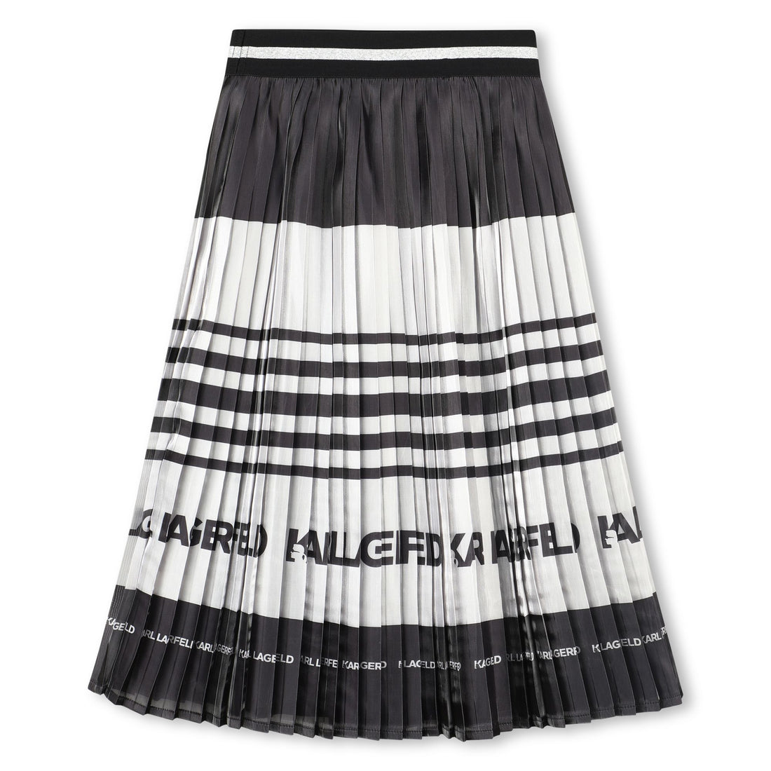 Pleated Midi Skirt with Logo Stripe, Black and White