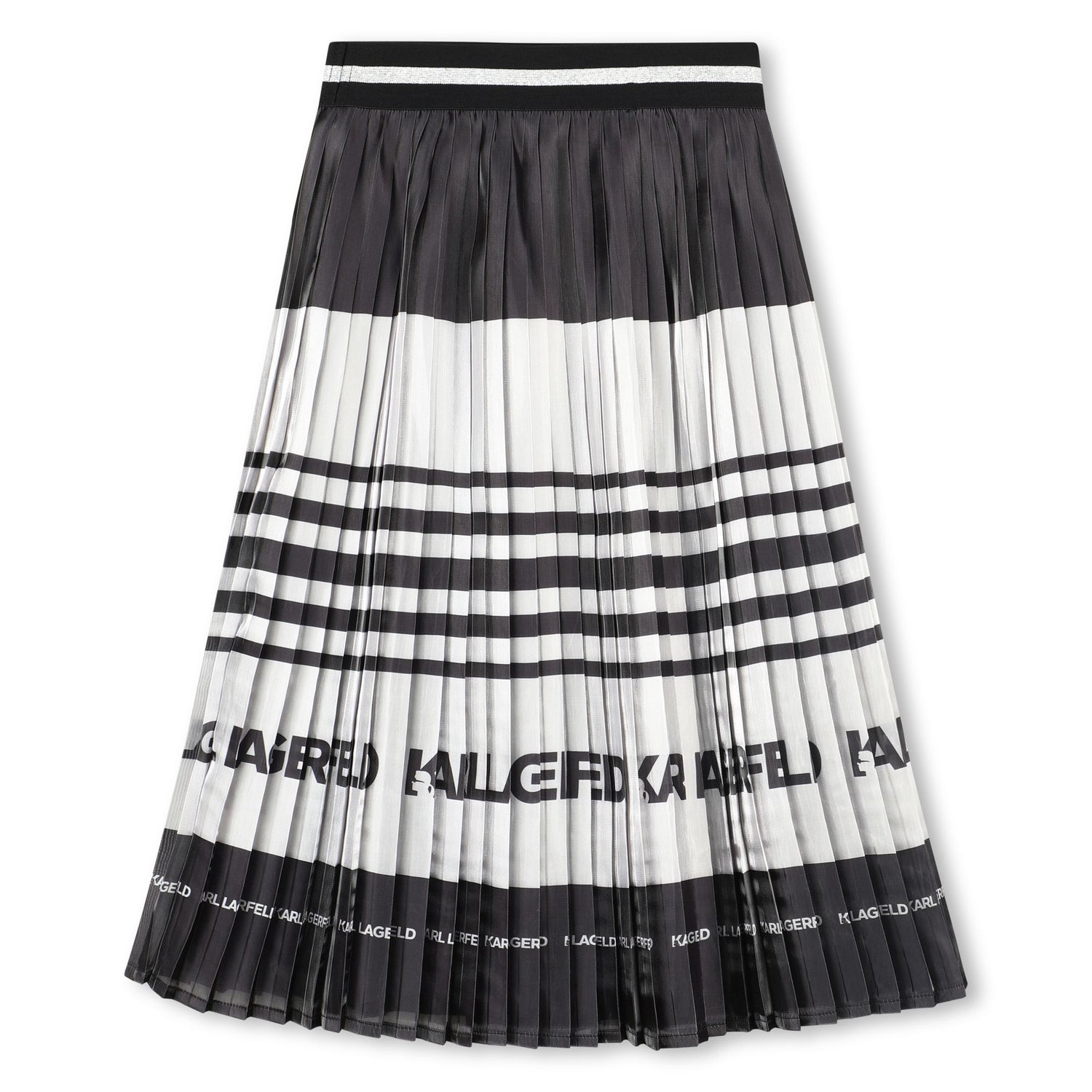 Pleated Midi Skirt with Logo Stripe, Black and White