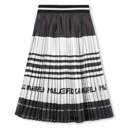 Pleated Midi Skirt with Logo Stripe, Black and White