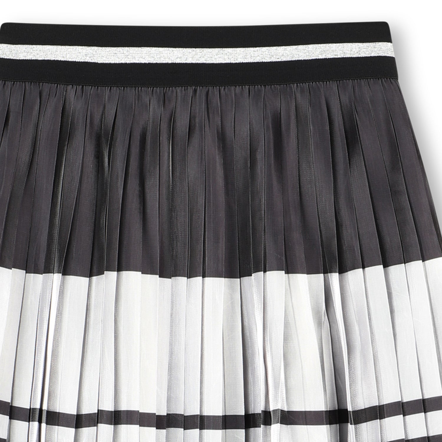 Pleated Midi Skirt with Logo Stripe, Black and White