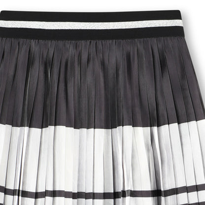 Pleated Midi Skirt with Logo Stripe, Black and White