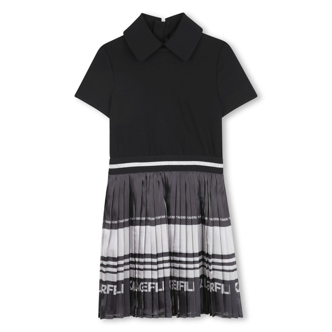 Pleated Skirt Dress with Contrast Collar, Black and Grey