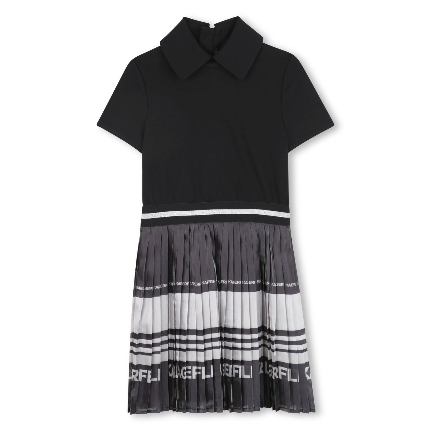 Pleated Skirt Dress with Contrast Collar, Black and Grey