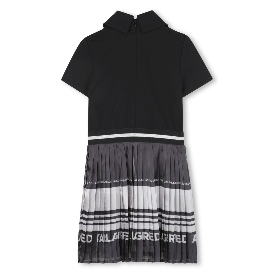 Pleated Skirt Dress with Contrast Collar, Black and Grey