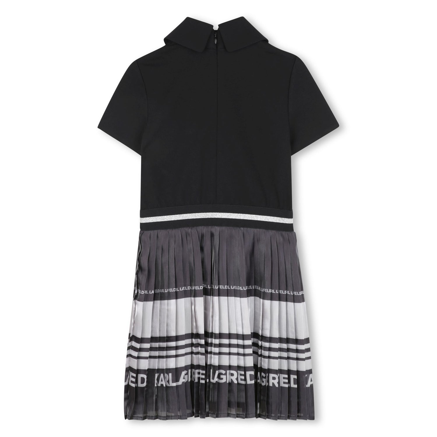 Pleated Skirt Dress with Contrast Collar, Black and Grey