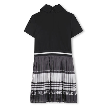 Pleated Skirt Dress with Contrast Collar, Black and Grey
