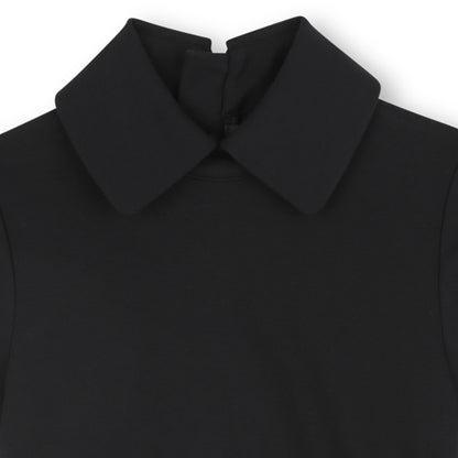 Pleated Skirt Dress with Contrast Collar, Black and Grey