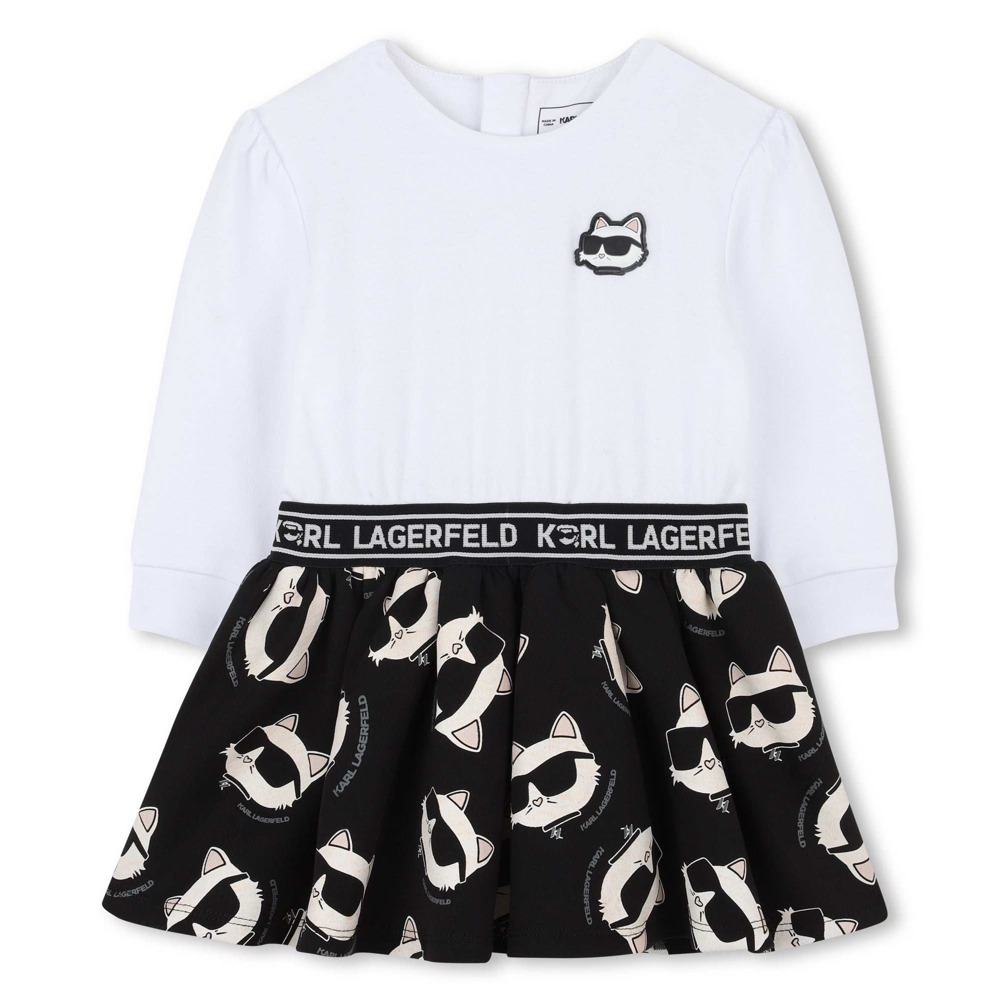 Girls Long Sleeve Dress with Choupette Print Skirt