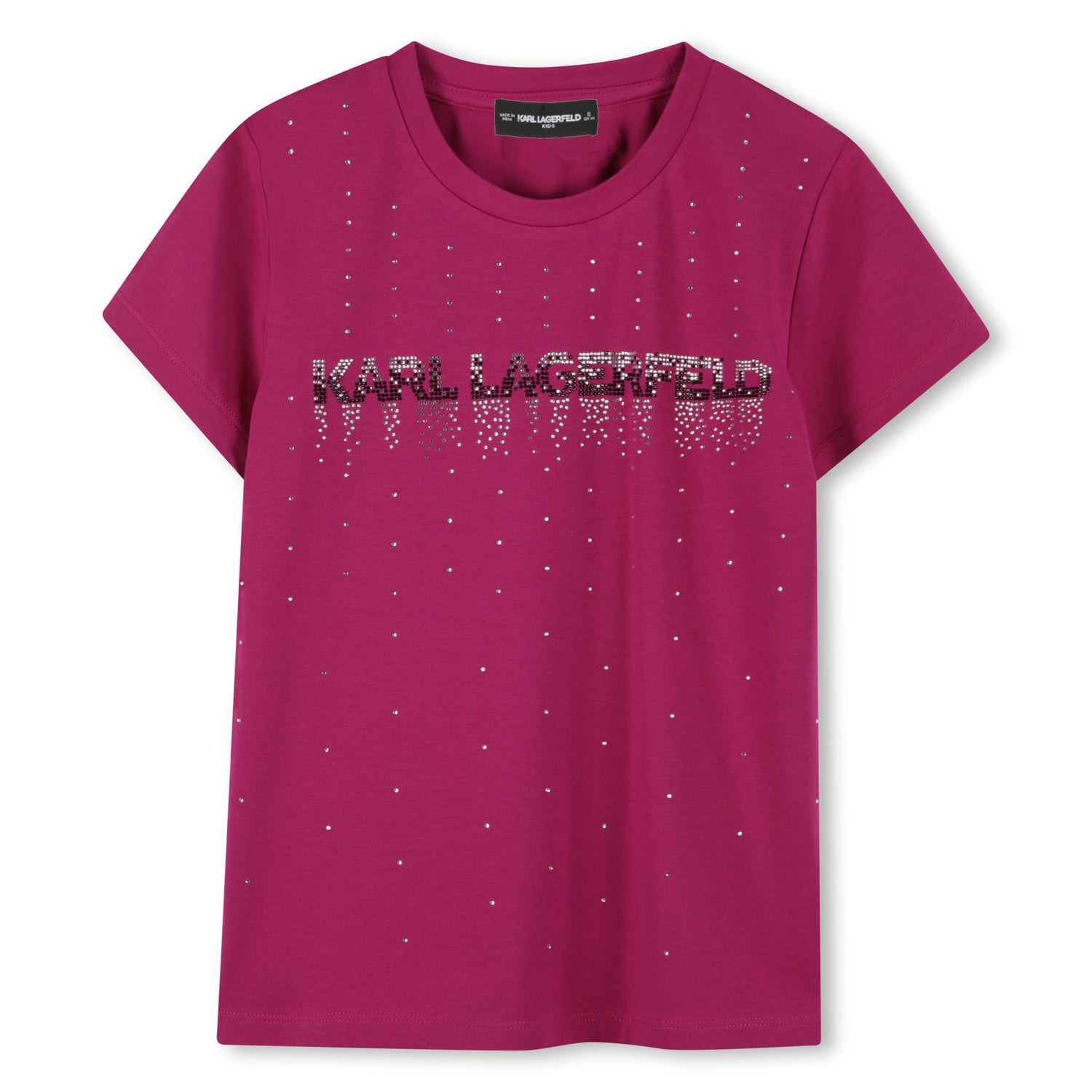 Kids magenta short sleeve t-shirt with rhinestone logo design