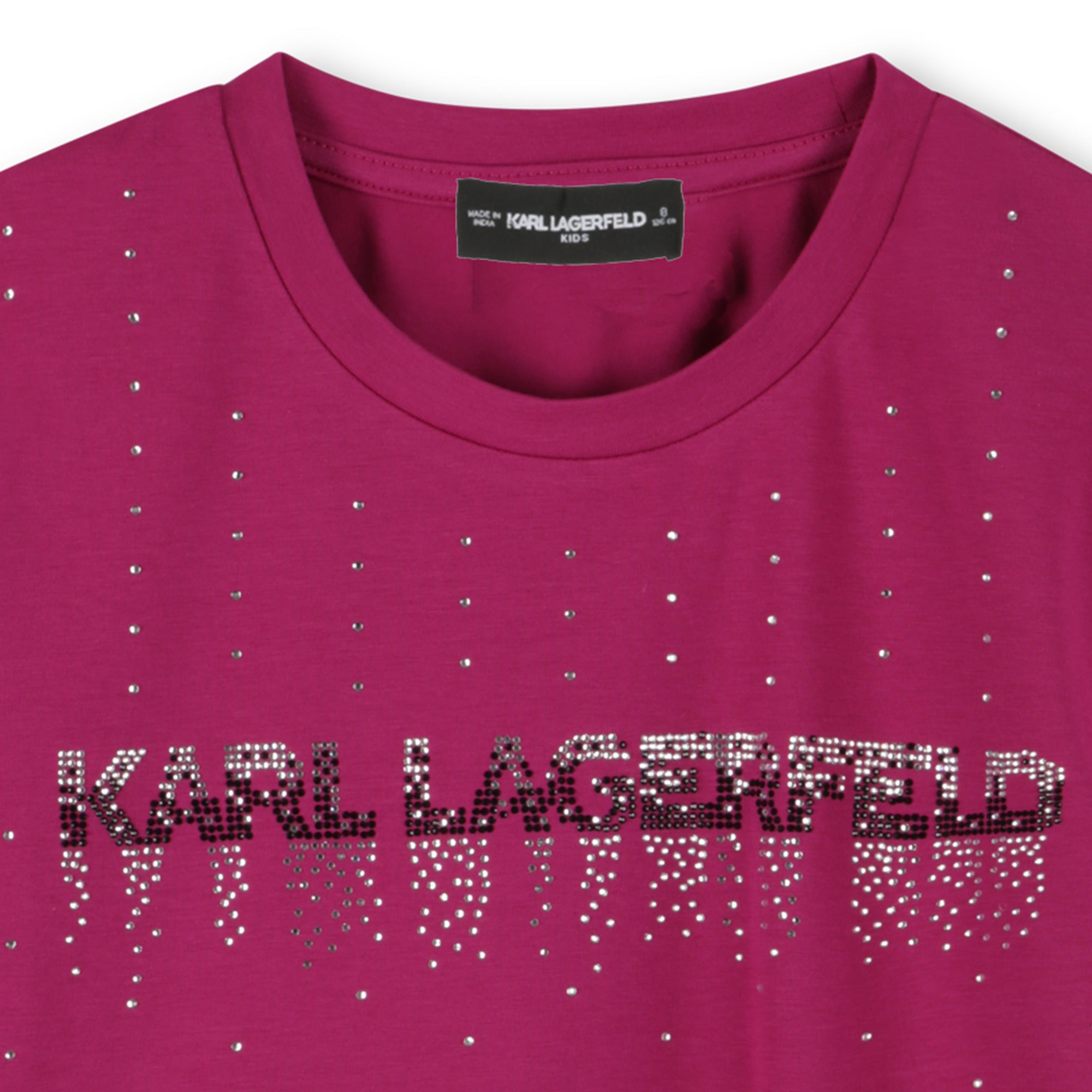 Kids magenta short sleeve t-shirt with rhinestone logo design
