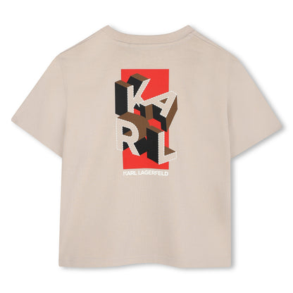 Kids beige short sleeve t-shirt with bold back graphic print