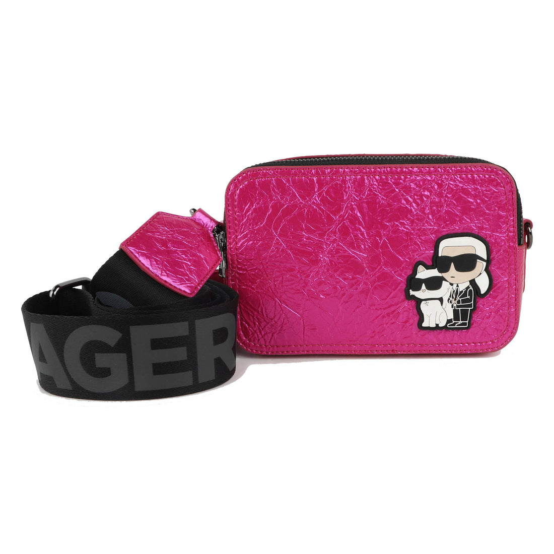Hot Pink Crossbody Bag with Textured Finish and Iconic Designer Motif