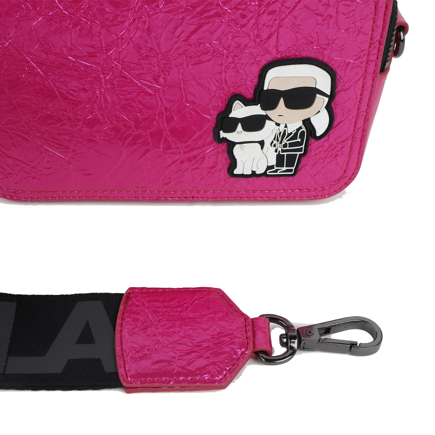 Hot Pink Crossbody Bag with Textured Finish and Iconic Designer Motif