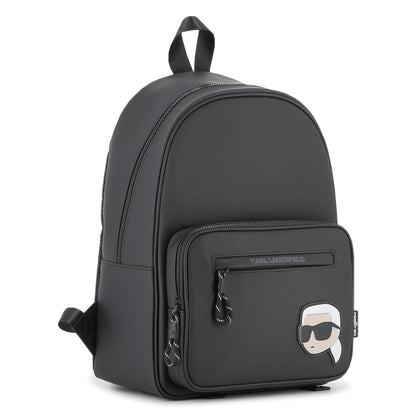 Charcoal Grey Backpack with Iconic Designer Motif and Multiple Pockets