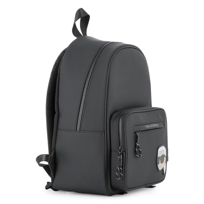 Charcoal Grey Backpack with Iconic Designer Motif and Multiple Pockets