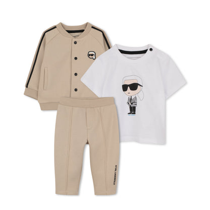 Cardigan, T-Shirt &amp; Trousers Set in Beige Karl Lagerfeld Kids