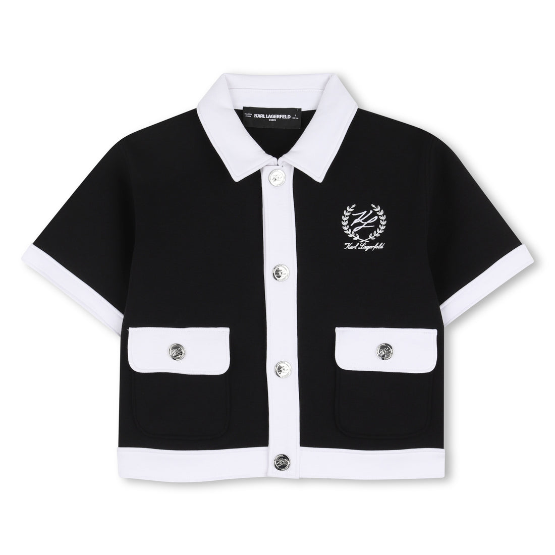 Black Short Sleeve Jersey Jacket with Contrast Trims and Front Pockets for Girls Karl Lagerfeld Kids