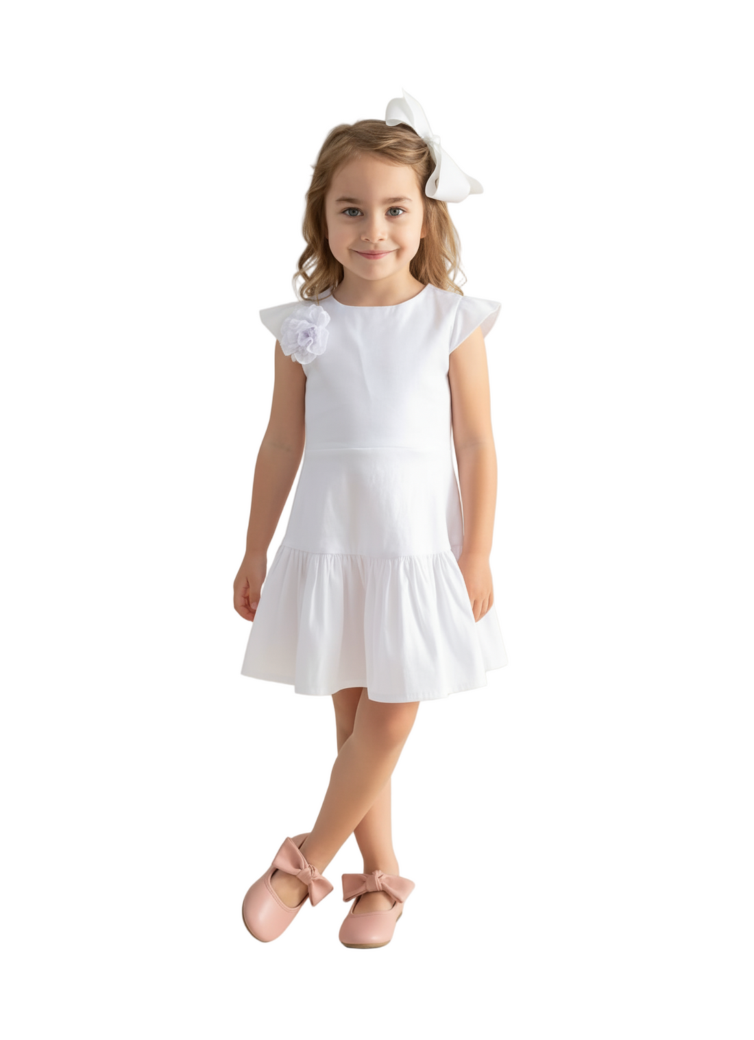 White Stretch Taffeta Drop Waist Dress with Flutter Sleeves and Floral Appliqué