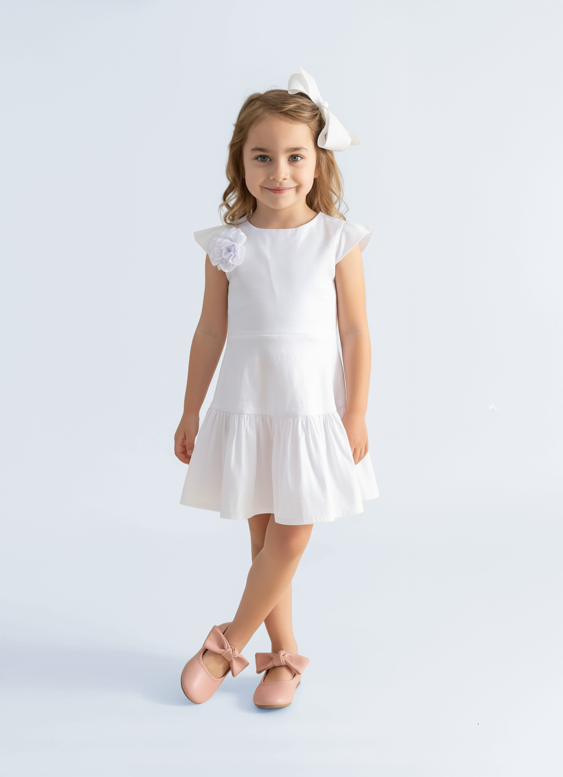 White Stretch Taffeta Drop Waist Dress with Flutter Sleeves and Floral Appliqué