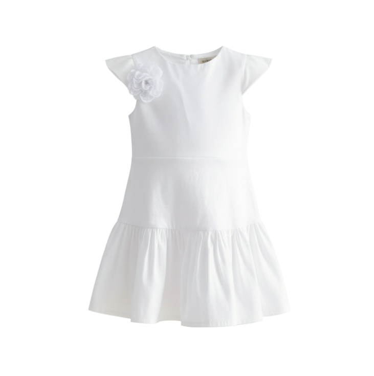 White Stretch Taffeta Drop Waist Dress with Flutter Sleeves and Floral Appliqué