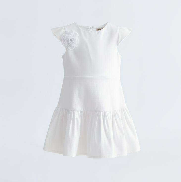 White Stretch Taffeta Drop Waist Dress with Flutter Sleeves and Floral Appliqué