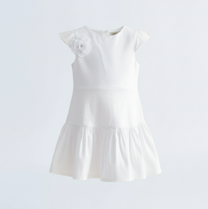 White Stretch Taffeta Drop Waist Dress with Flutter Sleeves and Floral Appliqué