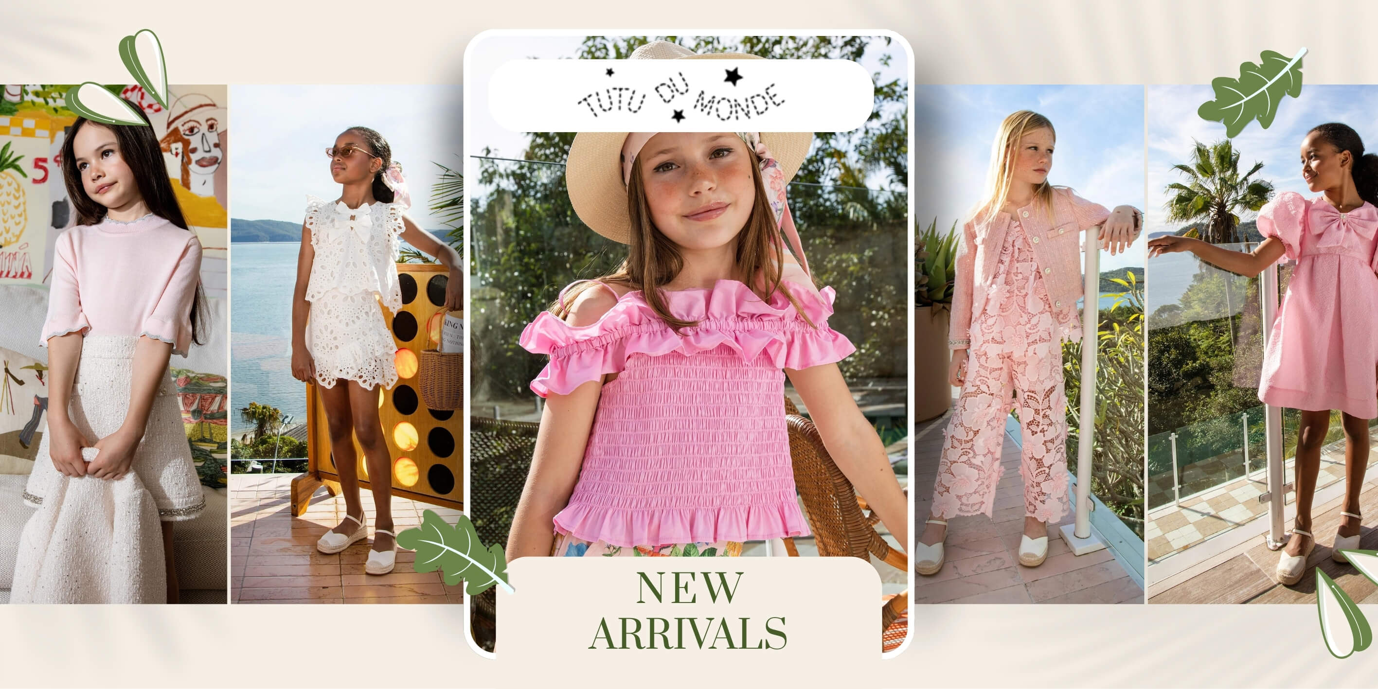 Collage of a girl wearing pink outfits with 'Tutu du monde' branding, set against a light background.